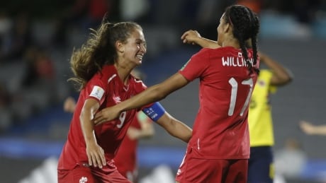 Jordyn Huitema, left, and Andersen Williams, right, celebrate a goal during Canada's 3-0 tournament-opening win against Colombia at the women's under-17 World Cup on Wednesday.
Canada-Colombia-14112018