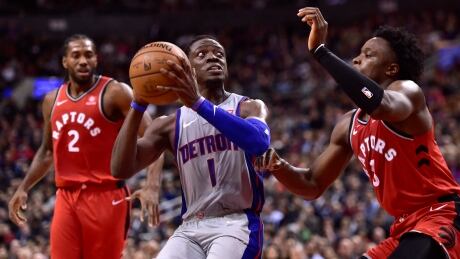 Detroit's Reggie Jackson looks to the basket as Toronto forward OG Anunoby defends during the second half of the Pistons' 106-104 win over the Raptors in Dwane Casey's return to Toronto Wednesday. jackson-reggie-111418