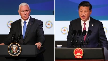 U.S. Vice President Mike Pence speaks during the APEC CEO Summit 2018 at Port Moresby, Papua New Guinea, 17 November 2018. Fazry Ismail/Pool via REUTERS
President of China Xi Jinping speaks during the APEC CEO Summit 2018 at Port Moresby, Papua New Guinea, 17 November 2018. Fazry Ismail/Pool via REUTERS Pence Xi APEC summit