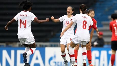 Canada celebrates a goal during its 2-0 victory over South Korea at the FIFA U-17 Women's World Cup on Saturday. canada-soccer-111718