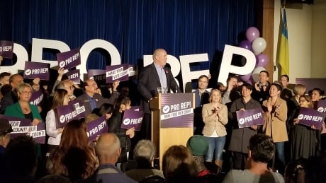 John Horgan attended a rally in Vancouver to promote participation in the proportional representation referendum on Nov. 18, 2018. Ballot returns so far are less than 20 per cent. John Horgan proportional representation rally 18 Nov 2018