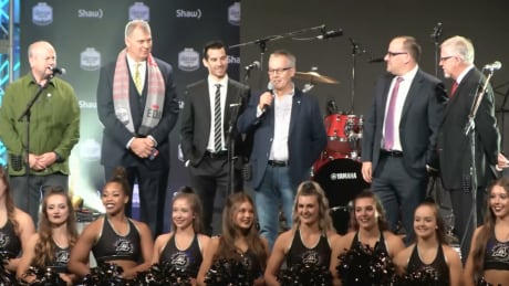 John Ryerson (centre) announces proposed 10th team in the CFL is Atlantic Schooners. Ottawa, Nov 23, 2018. John Ryerson, CFL Atlantic Schooners