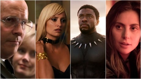 This composite image shows, from left, Christian Bale in Vice, Penelope Cruz in The Assassination of Gianni Versace, Chadwick Boseman in Black Panther and Lady Gaga in A Star is Born. 2019 Golden Globes nominees