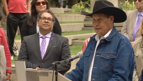 Chief Pete Standing Alone giving a speech in 2015. Standing Alone was well known for advocating for Indigenous peoples and building partnerships in the community. Pete Standing Alone
