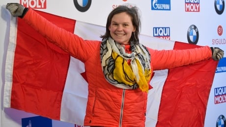 Elisabeth Maier of Canada reacts after she placed second in the women's skeleton World Cup race in Sigulda, Latvia, on Sunday. maier-elisabeth-120918-620