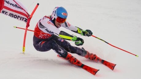Mikaela Shiffrin competes during a qualifying run in women's parallel slalom, in St. Moritz, Switzerland, on Sunday. The American won her third straight World Cup event, beating Petra Vlhova in the head-to-head final. shiffrin-mikaela-120918-620