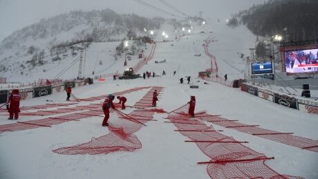 A view of the course after a men's World Cup slalom event was cancelled due to bad weather in Val D'Isere, France on Sunday. val-disere-120918