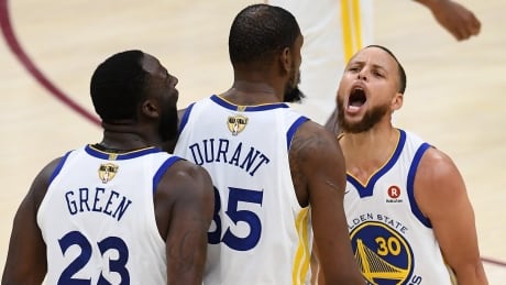 Draymond Green (23), Kevin Durant (35), and Steph Curry of the Golden State Warriors, pictured above, have dominated the NBA landscape over the past two years. Warriors photo