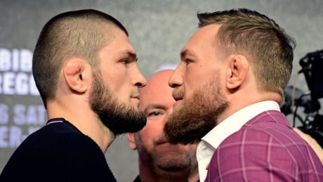 Khabib Nurmagomedov, left, and Conor McGregor, right, were involved in a brawl after their UFC bout in Las Vegas in October. Khabib Conor photo