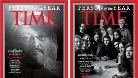 This combination photo provided by Time Magazine shows their four covers for the Person of the Year, announced on Tuesday, Dec. 11, 2018. The covers show Jamal Khashoggi, top left, members of the Capital Gazette newspaper, of Annapolis, Md., top right, Wa Lone and Kyaw Soe Oo, bottom left, and Maria Ressa. The covers, which Time called the “guardians and the war on truth,” were selected "for taking great risks in pursuit of greater truths, for the imperfect but essential quest for facts that are central to civil discourse, for speaking up and speaking out." Time Person Of The Year