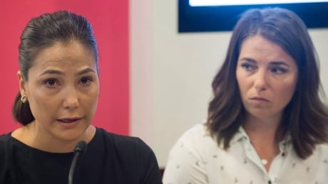 Anna Prchal, left, Genevieve Simard, right, and Gail Kelly, not pictured, filed a lawsuit against Alpine Canada at a Montreal courthouse Wednesday. Anna Prchal, Genevieve Simard photo