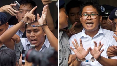 In this combination image made from two photos, Reuters journalists Kyaw Soe Oo, left, and Wa Lone, are handcuffed as they are escorted by police out of the court Monday, Sept. 3, 2018, in Yangon, Myanmar. Lawyers for the two Reuters journalists imprisoned in Myanmar have appealed the verdict that sent them to prison for seven years for illegal possession of official documents. (AP Photo/Thein Zaw) Myanmar Journalists