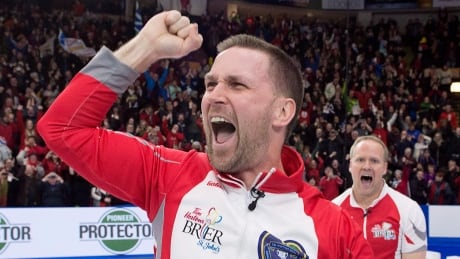 Brad Gushue celebrates his 2017 Brier championship, won at home in St. John's, Nfld. CUR BRIER 20170312