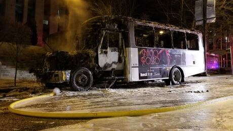 Smoke pours out of a shuttle bus after it caught fire Friday evening. Shuttle bus fire city hall Bacio Rosso