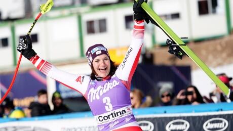 Austria's Ramona Siebenhofer celebrates winning a women's World Cup downhill in Cortina D'Ampezzo, Italy, on Saturday. Italy Alpine Skiing World Cup
