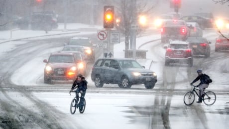 Bikers crossing Park Street at the intersection of University Ave during a late afternoon snow storm Friday, Jan. 18, 2019 in Madison, Wis. (Steve Apps/Wisconsin State Journal via AP) Winter Weather Wisconsin