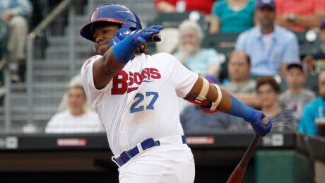 Blue Jays prospect Vladimir Guerrero Jr., seen in this July photo, is in Toronto and tried his hand at curling. Blue Jays Guerrero
