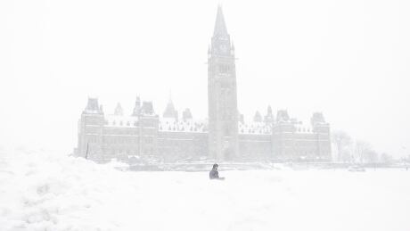 A pedestrian walks past a snowbank on Parliament Hill in Ottawa on Sunday, Jan. 20, 2019. Ottawa Snow 20190120