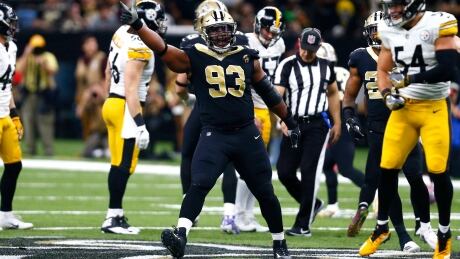New Orleans Saints defensive tackle David Onyemata (93) celebrates a defensive stop in the second half of an NFL football game against the Pittsburgh Steelers in New Orleans in December 2018. The former Manitoba Bisons player was cited for marijuana possession this week in the southern U.S. Saints Defense Football
