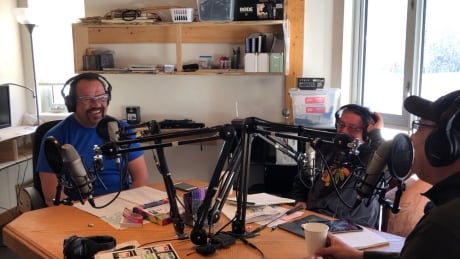 Eric (Waboose) Hare (left), Bernard (Chopper) Ense (middle), Ross (Rosco) Armstrong (right) Gimaa Radio show hosts