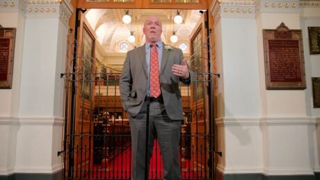 Premier John Horgan speaks to reporters following the throne speech at the B.C. legislature in Victoria. PHOTOS - PREMIER HORGAN POST THRONE SPEECH SCRUM