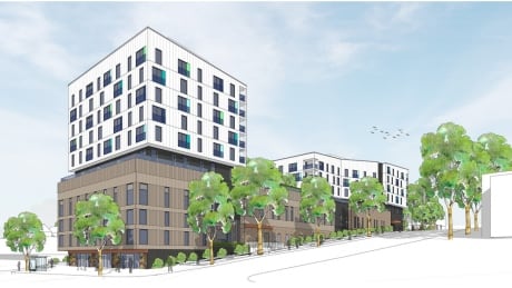 An artist's rendering of the proposed building spanning a block of Vancouver's East First Avenue. Detox and social housing facility
