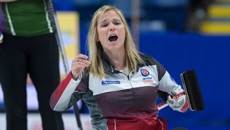 Team Canada skip Jennifer Jones reacts to her last shot in the 10th end as they lost to Prince Edward Island 8-6 at the Scotties Tournament of Hearts in Sydney, N.S., on Monday. CUR Scotties 20190218
