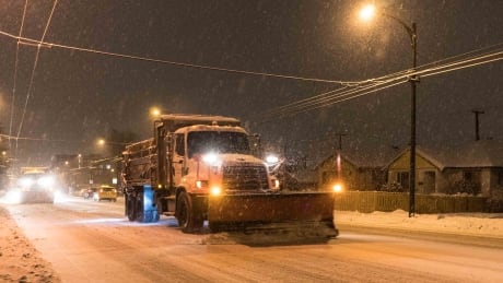A snowplow at work on Main Street in Vancouver earlier in February. Environment Canada is predicting more snow for the region beginning Friday. Metro Vancouver snow February 12 2019
