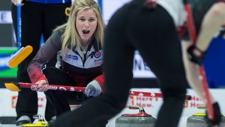 Team Canada skip Jennifer Jones directs her sweepers in a win over Alberta's Chelsea Carey on Thursday. CUR Scotties 20190221