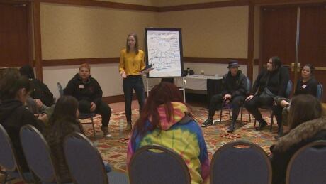 One of the four groups of youth from Enoch Cree Nation discuss mental health issues at the River Cree Resort on Monday. Headstrong Enoch youth conference