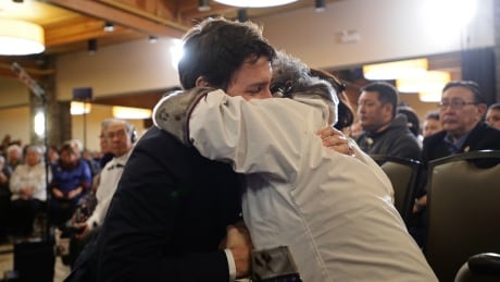 Prime Minister Justin Trudeau in Iqaluit on Friday was greeted by an Inuit elder prior to delivering an official apology to Inuit for the federal government's management of tuberculosis in the Arctic from the 1940s to the 1960s. Trudeau TB Apology