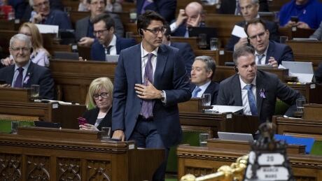 Prime Minister Justin Trudeau rises to vote during a marathon voting session as it continues into the night in the House of Commons on Parliament Hill in Ottawa on Wednesday, March 20, 2019. SNC Lavalin 20190320