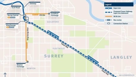 The 14 kilometre Surrey-Langley Skytrain will begin at King George Station and continue along Fraser Highway to Langley Centre. Surrey-Langley SkyTrain route