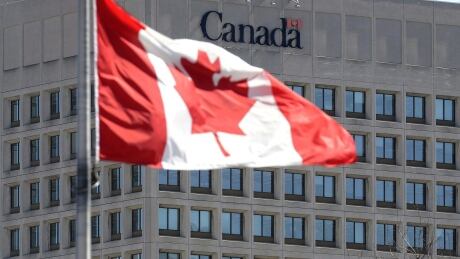 The facade of the soon-to-be-former headquarters of the Department of National Defence is pictured in Ottawa on April 3, 2013. dnd national defence military ottawa headquarters mackenzie king bridge canada flag
