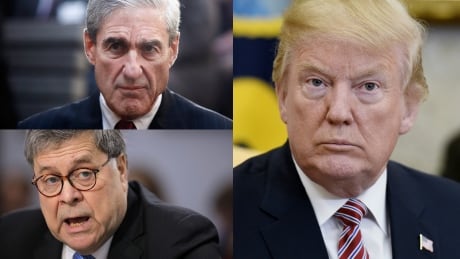 Clockwise from left: Special Council Robert Mueller, U.S. President Donald Trump, U.S. Attorney General Bill Barr. mueller barr trump composite