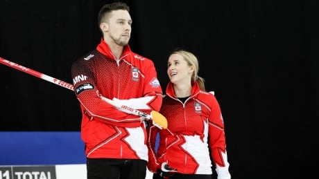 Brett Gallant, left, and partner Jocelyn Peterman are unbeaten at the mixed doubles curling worlds with a 3-0 record. gallant-peterman