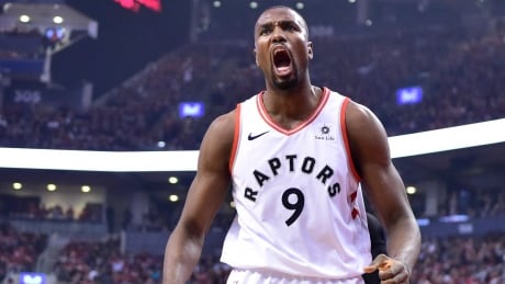 Toronto's Serge Ibaka reacts after scoring against Orlando in the Raptors' win on Tuesday that clinched their first-round series four games to one. BKN Magic Raptors 20190423