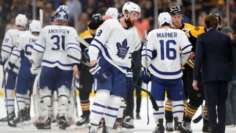 Jake Muzzin and his teammates congratulate the Boston Bruins after the Toronto Maple Leafs were eliminated after another Game 7 loss to their rivals, a 5-1 loss on Tuesday.
1144687988