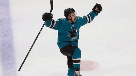 San Jose's Kevin Labanc celebrates after scoring the fourth power-play goal for the Sharks during their 5-4 Game 7 overtime victory against the Vegas Golden Knights on Tuesday. labanc-kevin-042319
