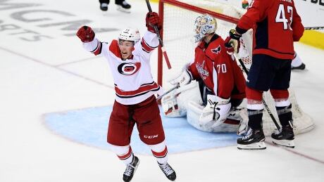 Carolina's Brock McGinn celebrates after scoring the game-winning goal in double-overtime to give the Hurricanes a 4-3 win over the Washington Capitals in Game 7 on Wednesday. mcginn-brock-042419
