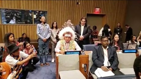 Chief Evan Taypotat was delivering a message on behalf of FSIN. Chief Evan Taypotat UN Forum