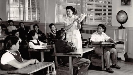 Teacher Charlotte Bush at the Federal Catholic Tekakwitha School Caughnawaga in 1952. Kateri School