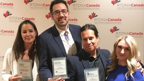CBC Indigenous won three 2019 national journalism awards from the Radio Television Digital News Association of Canada on May 11, 2019. From left, producer Stephanie Brown, reporter Nic Meloney, reporter Jorge Barrera and social media editor Sian Lloyd. CBC Indigenous RTDNA 2019