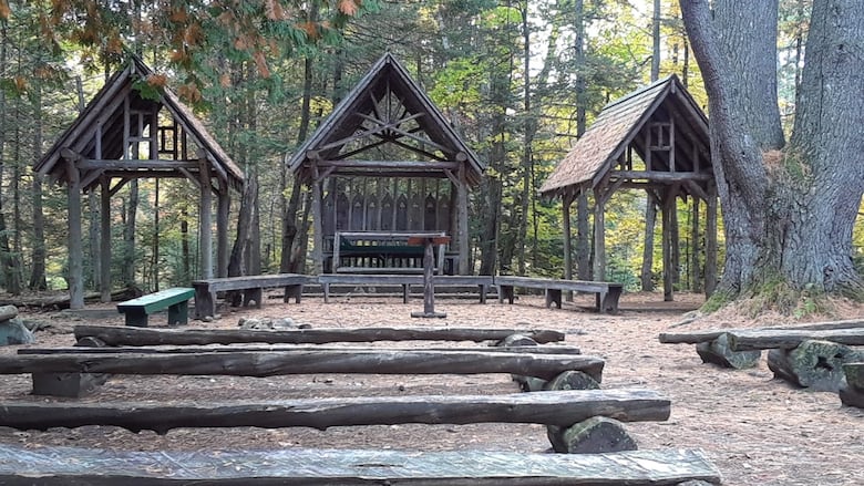 Wooden cabins with wooden benches in front in a forest