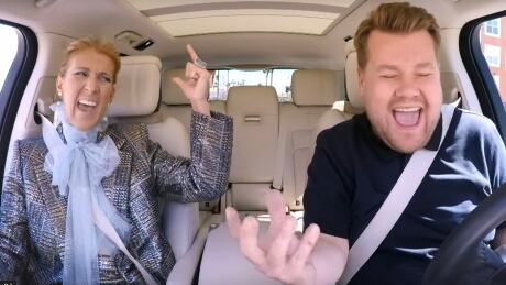 Céline Dion, left, is seen in a Carpool Karaoke segment of The Late Late Show with James Corden that aired Monday, May 20, 2019. Carpool Karaoke