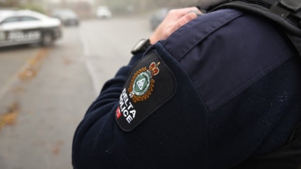 An up close image of an arm of a police officer in uniform, the shoulder patch says "Delta Police"