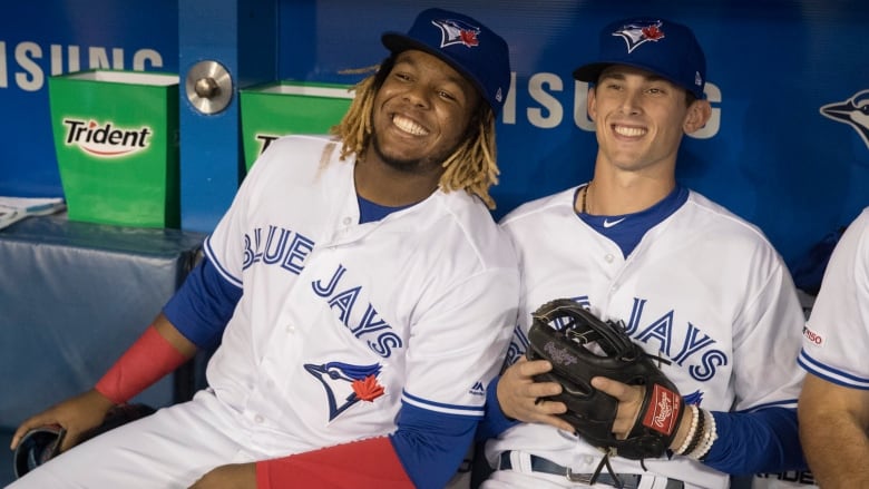 Cavan Biggio of the Toronto Blue Jays looks on from first base