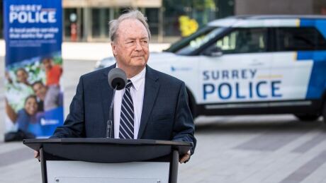 Surrey Mayor Doug McCallum is pictured near a Surrey police vehicle during his state of the city address in Surrey, B.C., on Tuesday, May 7, 2019. MCCALLUM STATE OF CITY