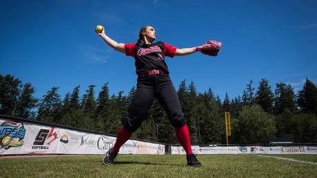 Canada women's national softball team pitcher Danielle Lawrie pitches during practice at the 2018 Canada Cup International Softball Championship in Surrey, B.C., on Tuesday July 17, 2018. THE CANADIAN PRESS/Darryl Dyck fast-pitch