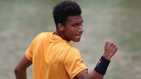Felix Auger-Aliassime of Montreal celebrates during Sunday’s singles final at the Stuttgart Open in Germany. The rising tennis star dropped a 6-4, 7-6 (11) decision to Italy’s Matteo Berrettini. auger-aliassime-felix-190616-1180